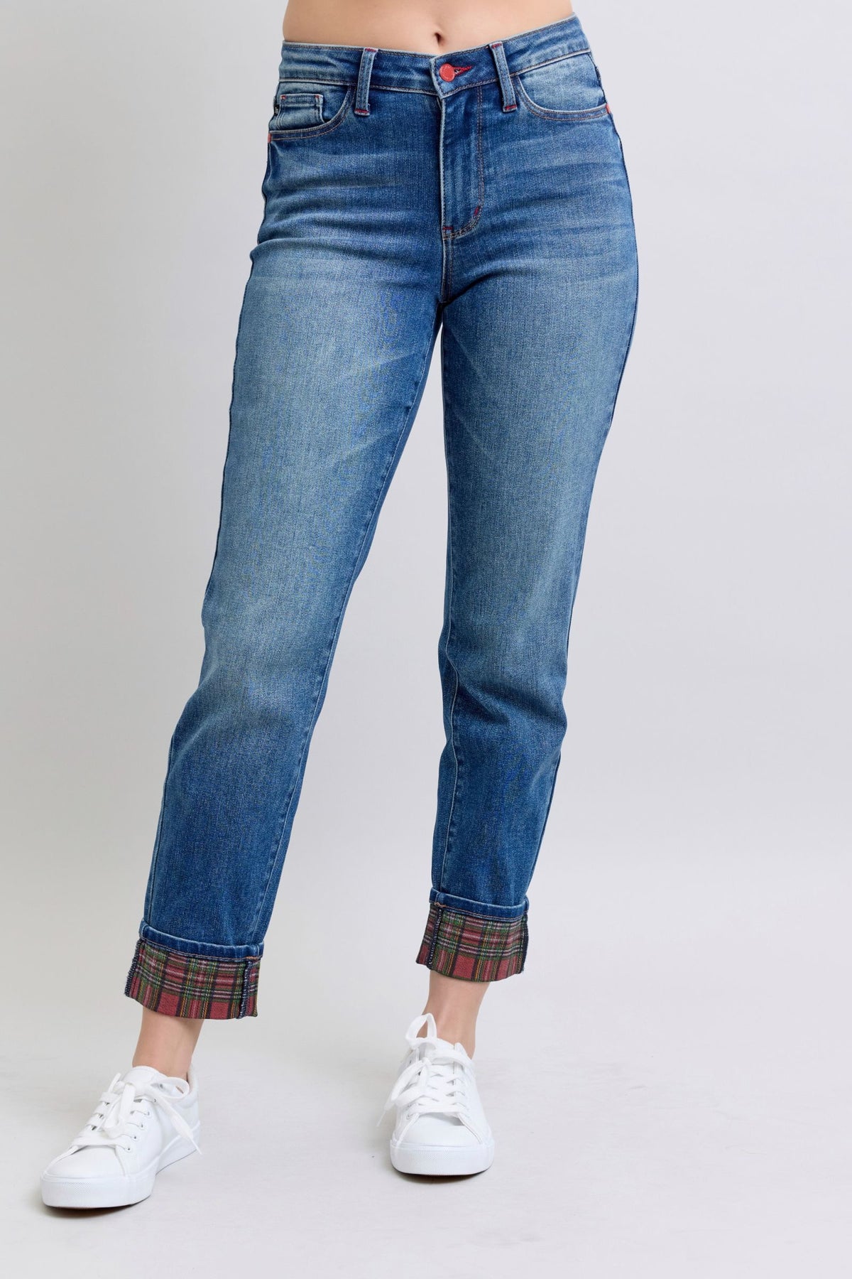 Festive Plaid Print Cuff Straight Leg Jeans
