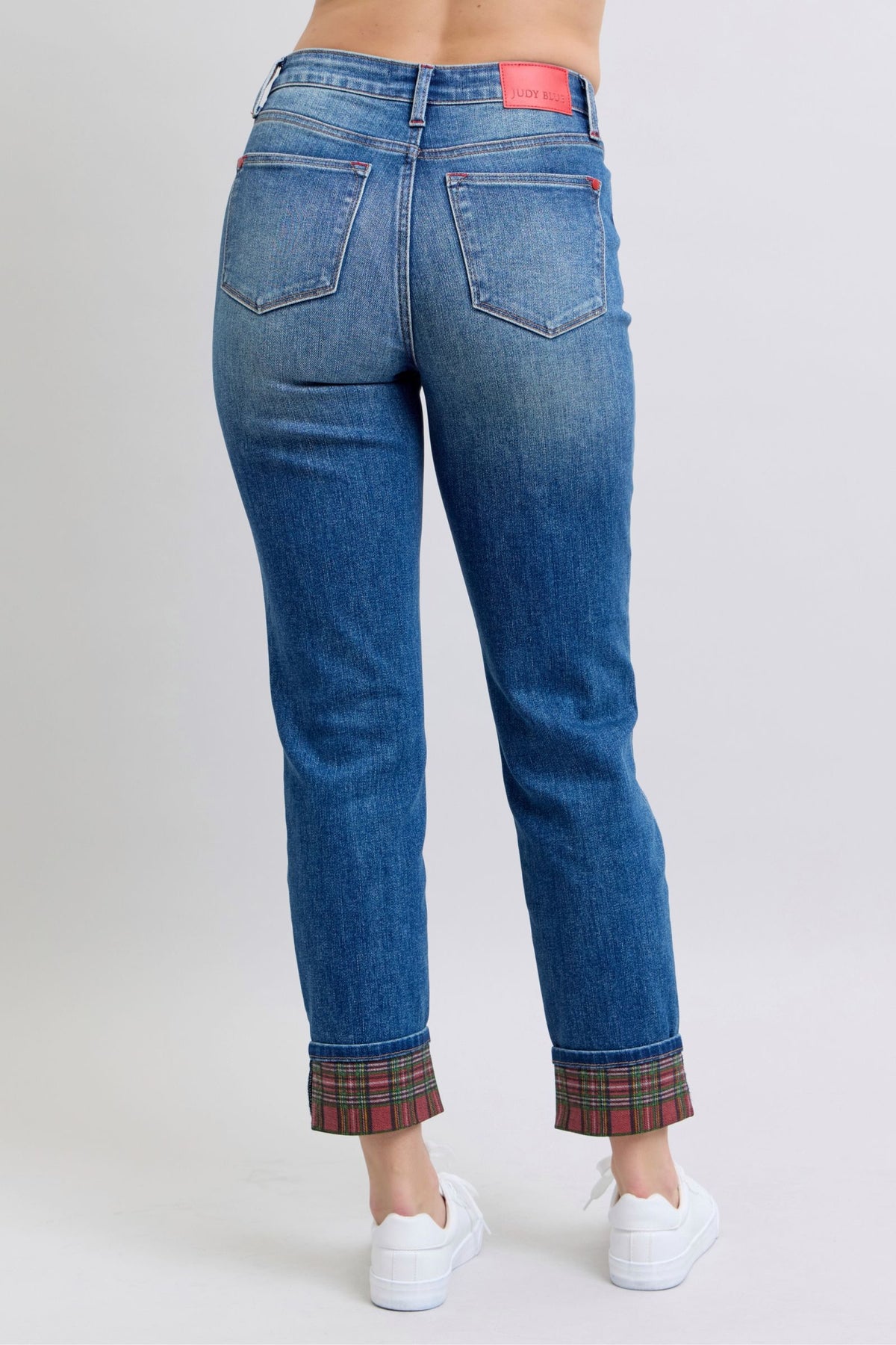 Festive Plaid Print Cuff Straight Leg Jeans