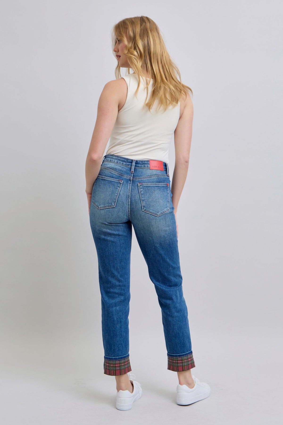 Festive Plaid Print Cuff Straight Leg Jeans