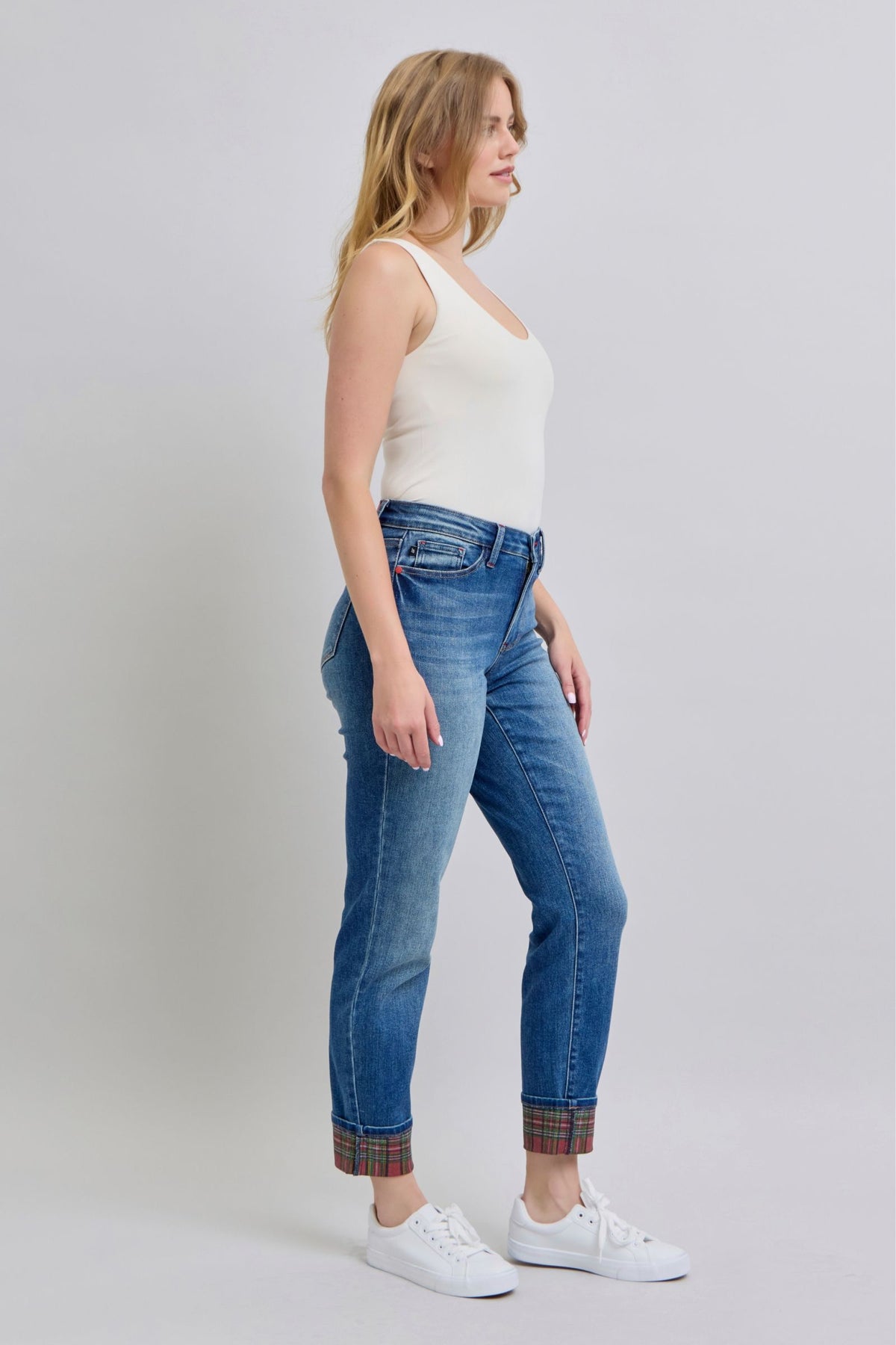 Festive Plaid Print Cuff Straight Leg Jeans
