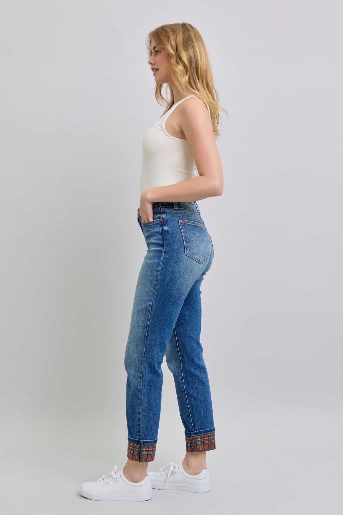 Festive Plaid Print Cuff Straight Leg Jeans