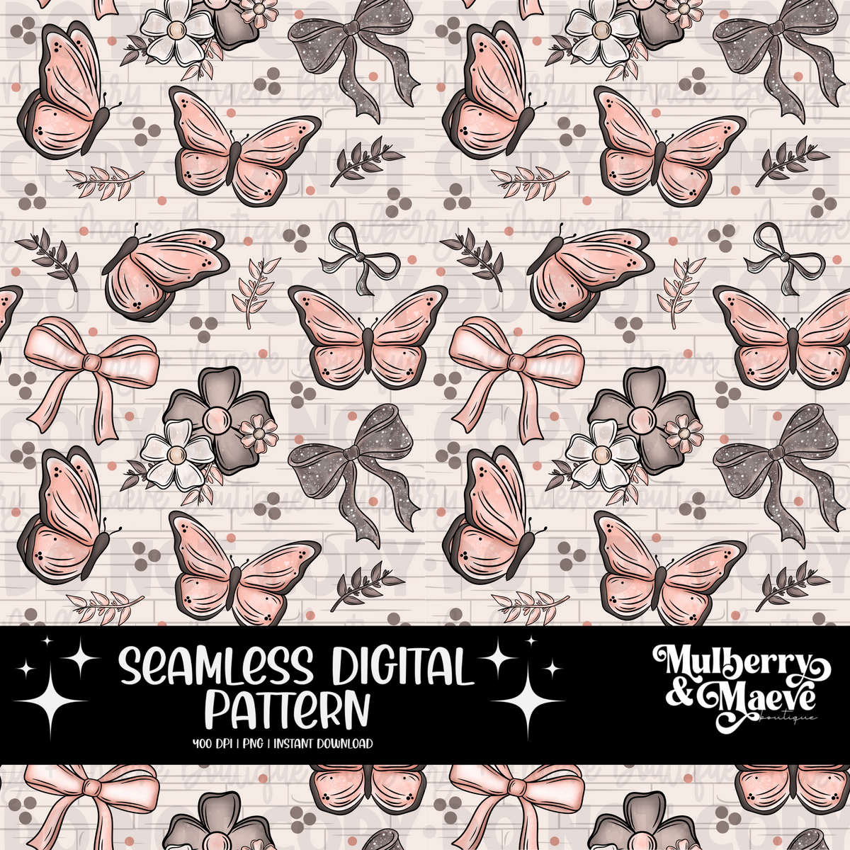 Pink Bows and Butterflies Digital Seamless Pattern