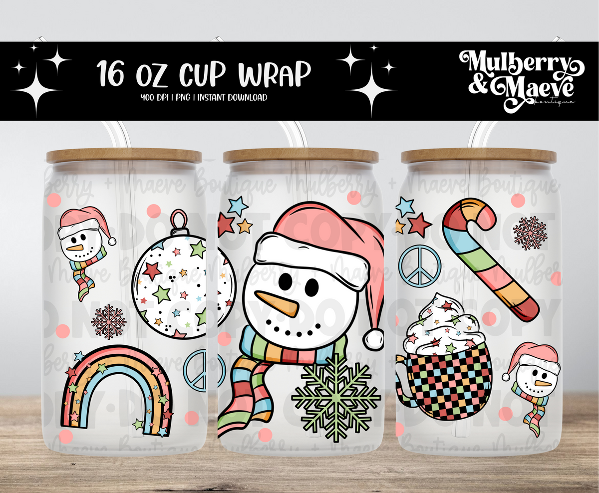 Retro Snowman Christmas Digital 16 oz Cup Wrap