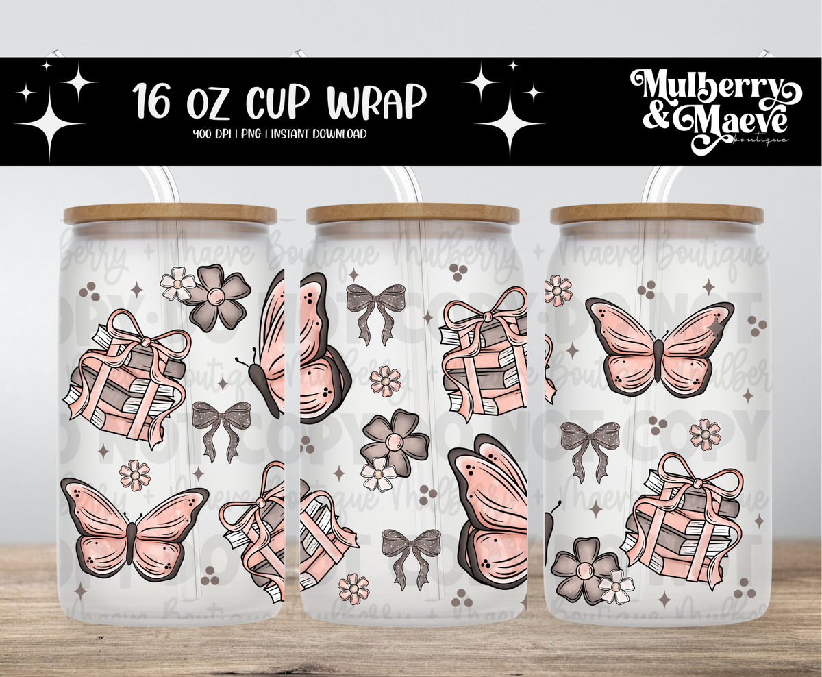 Pink Books and Butterflies Digital 16 oz Cup Wrap