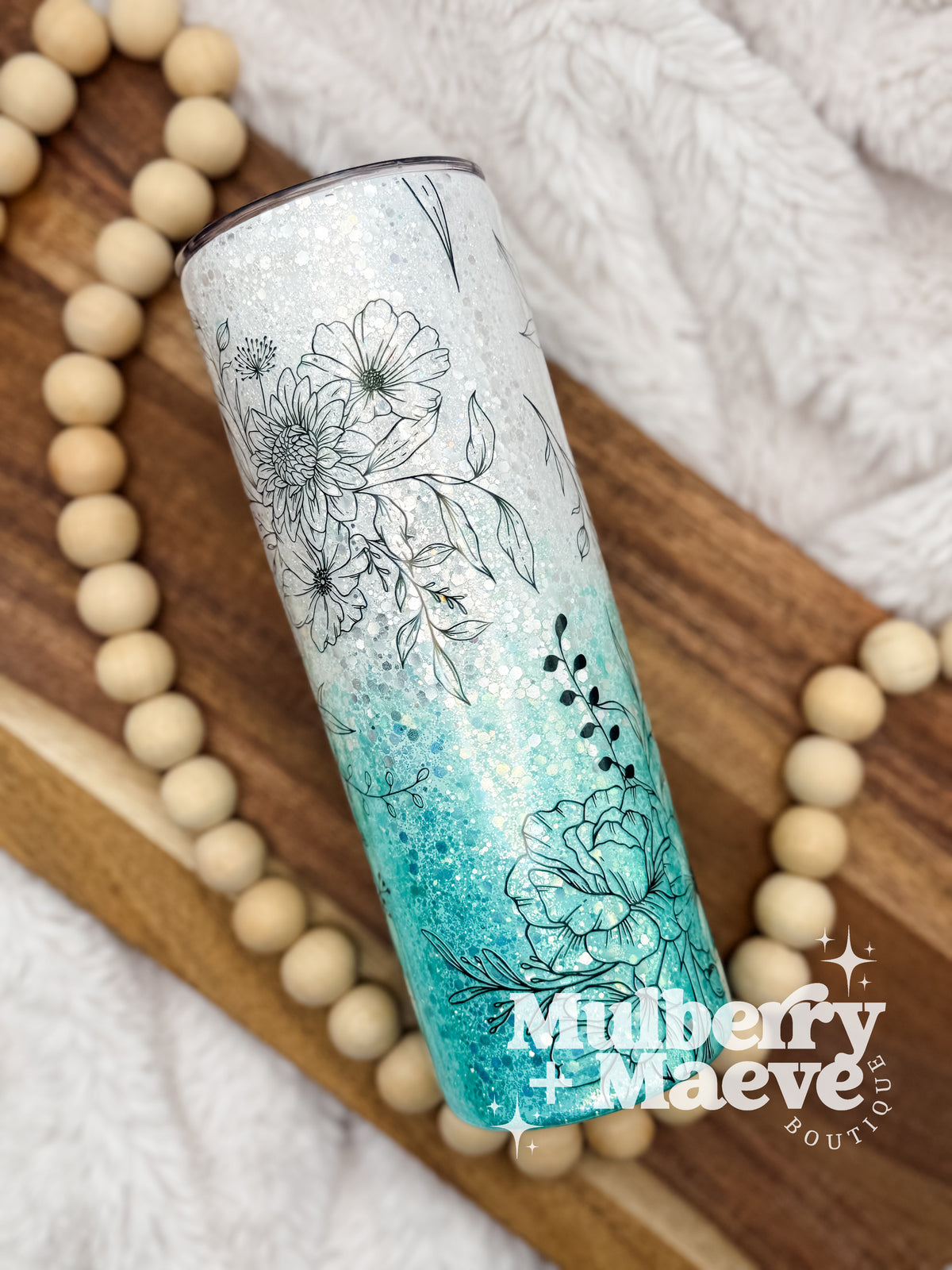 20 oz. Turquoise and Silver Floral Outline Tumbler