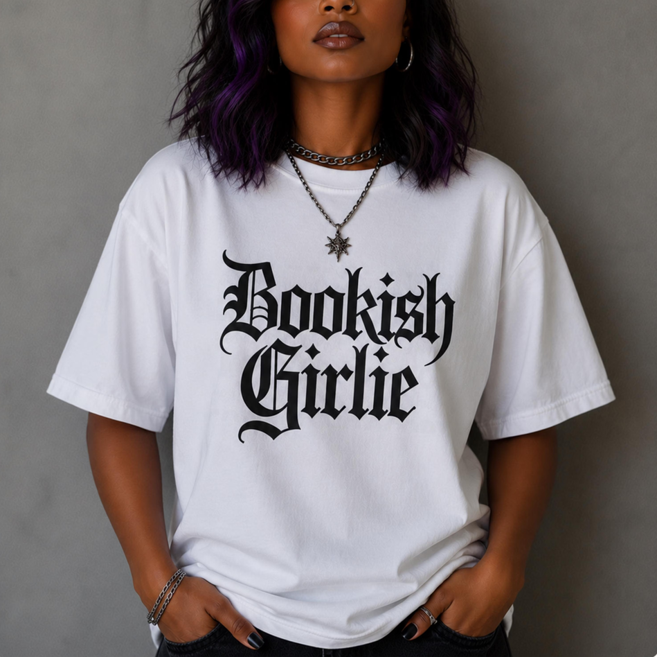Bookish Girlie Tshirt – Soft Garmentdyed Gothic Text Literary Tee