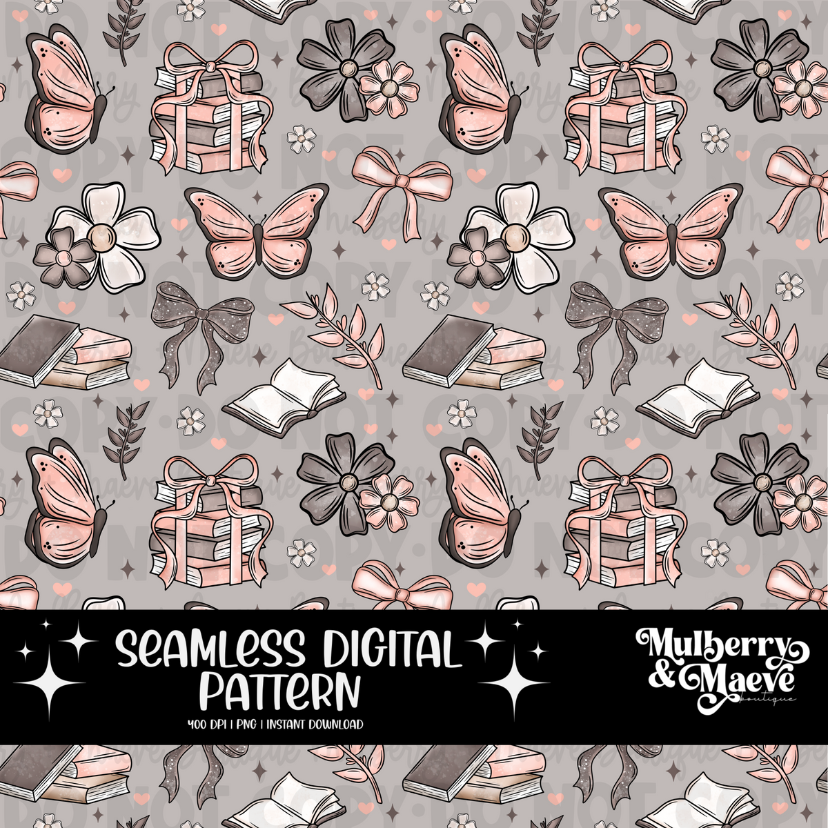 Pink Books and Butterflies Digital Seamless Pattern