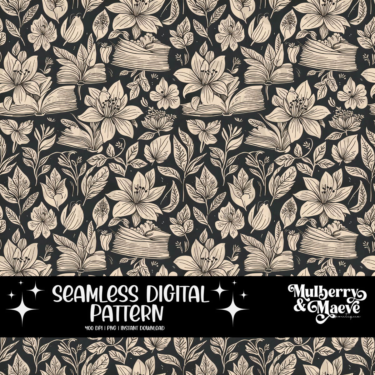 Vintage Books and Flowers Digital Seamless Pattern