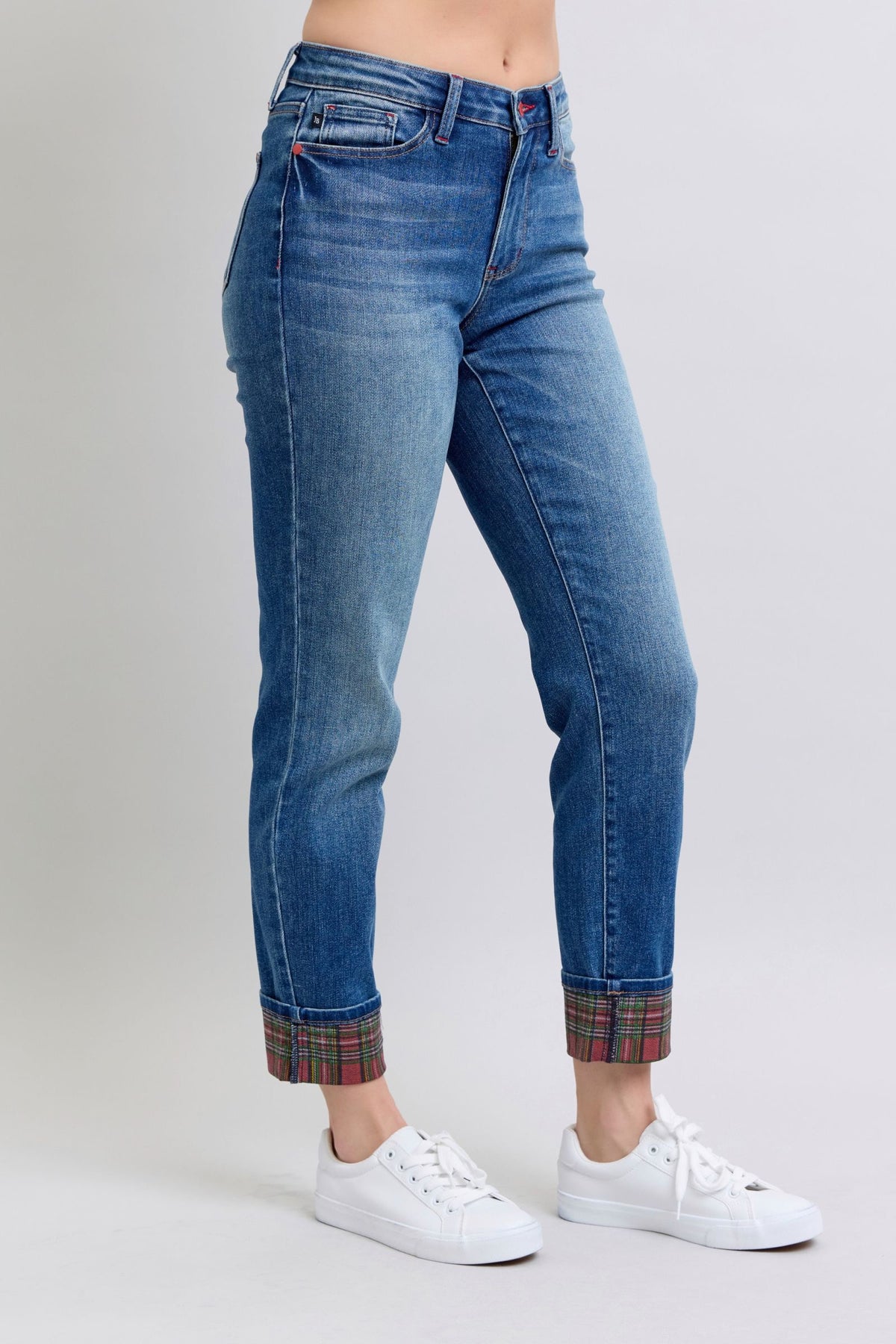 Festive Plaid Print Cuff Straight Leg Jeans