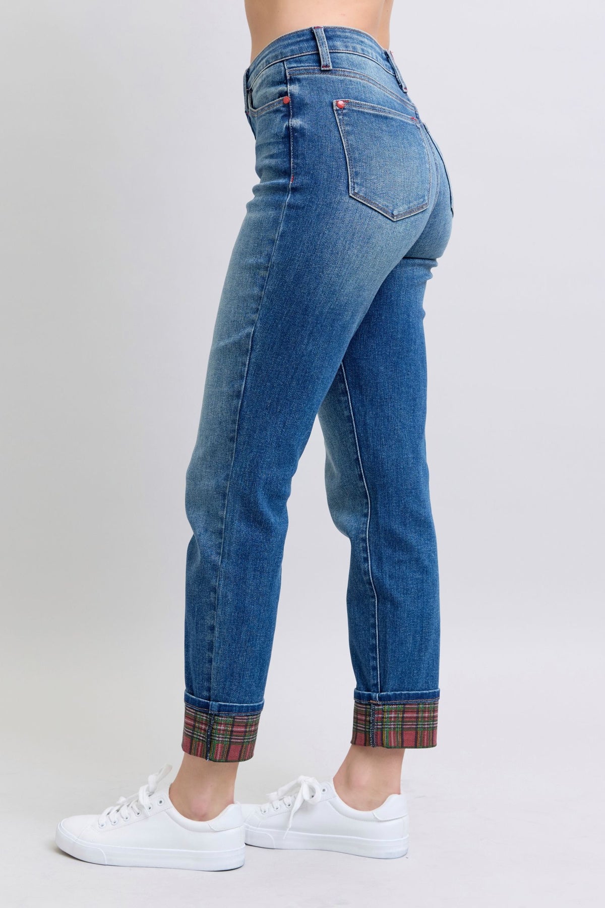 Festive Plaid Print Cuff Straight Leg Jeans