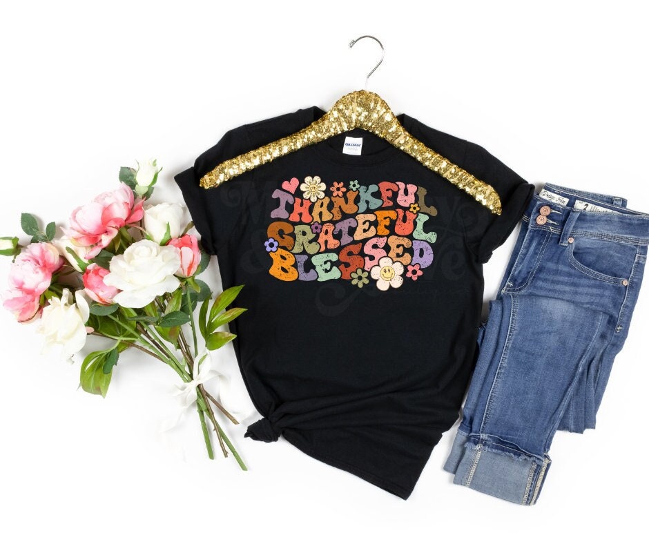 DTF Print Transfer | Ready To Press | Thankful Grateful Blessed | Fall | Thanksgiving | Retro