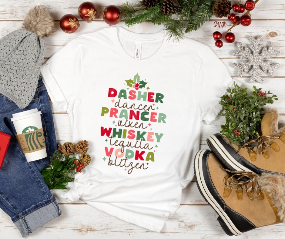 DTF Print Transfers | Ready To Press | Dasher Dancer Prancer Vixen | Whiskey Tequila Vodka Blitzen Retro | Reindeer
