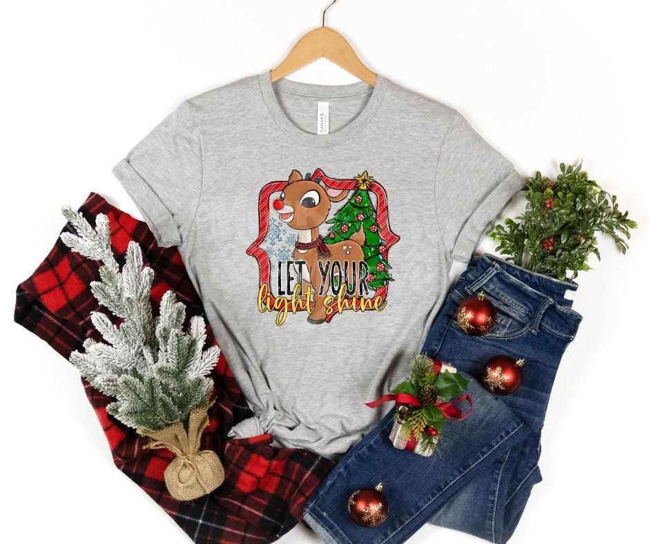 DTF Print Transfers | Ready To Press | Let Your Light Shine | Reindeer | Rudolph | Christmas