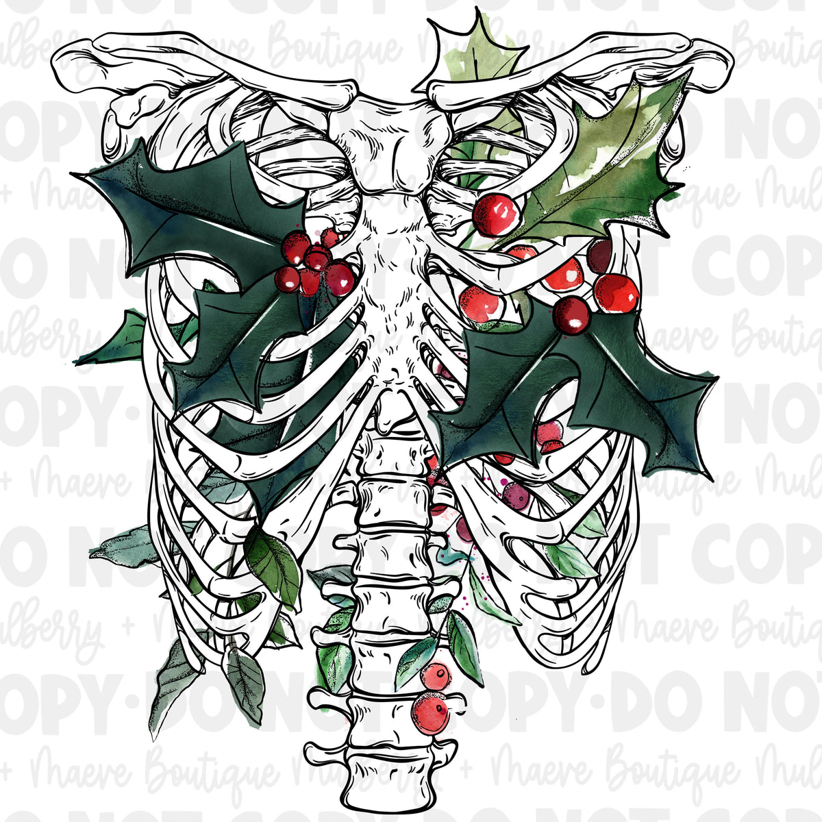 DTF Print Transfers | Ready To Press | Holly Ribcage | Christmas | Holiday