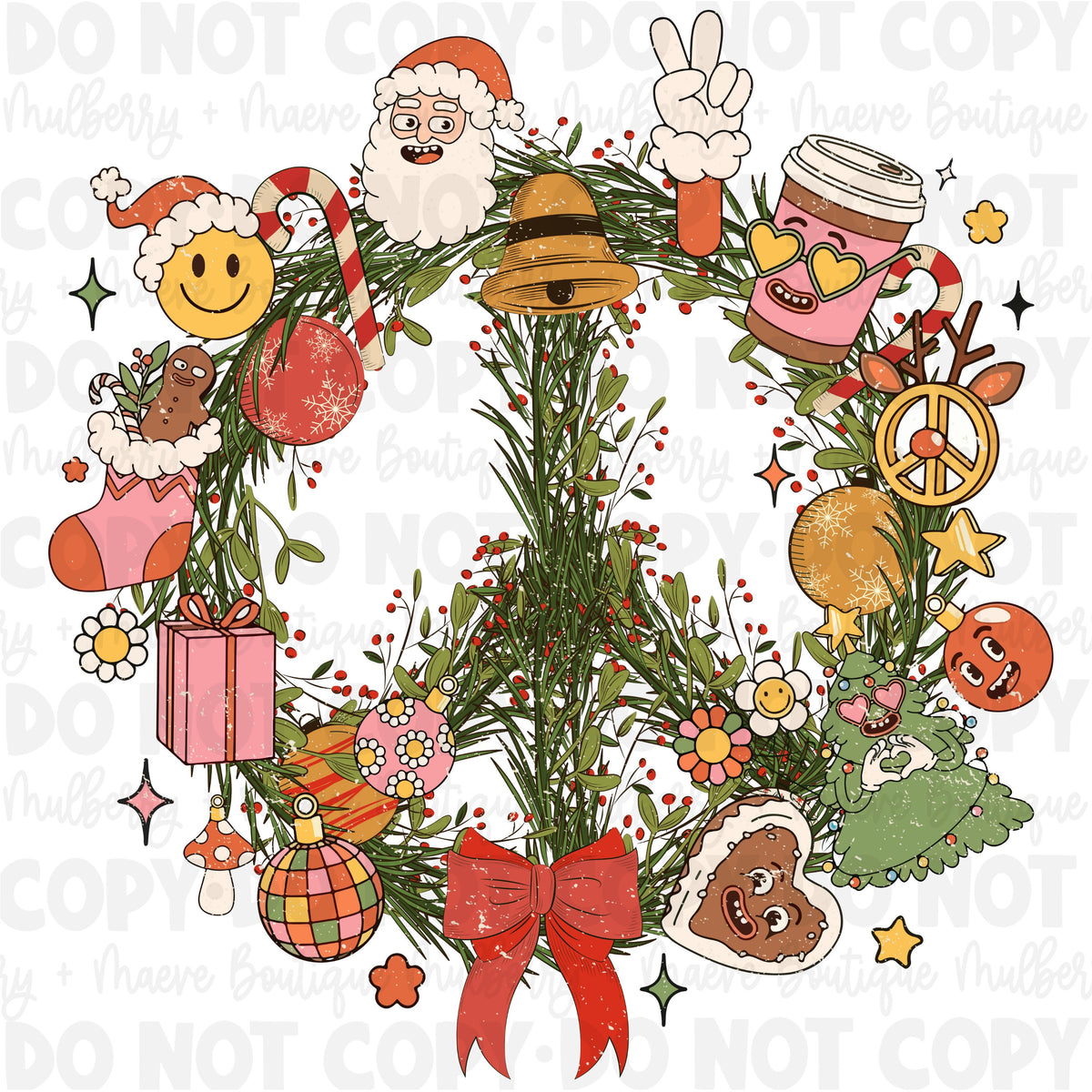 DTF Print Transfers | Ready To Press | Holiday Peace Wreath | Christmas | Winter | Holidays