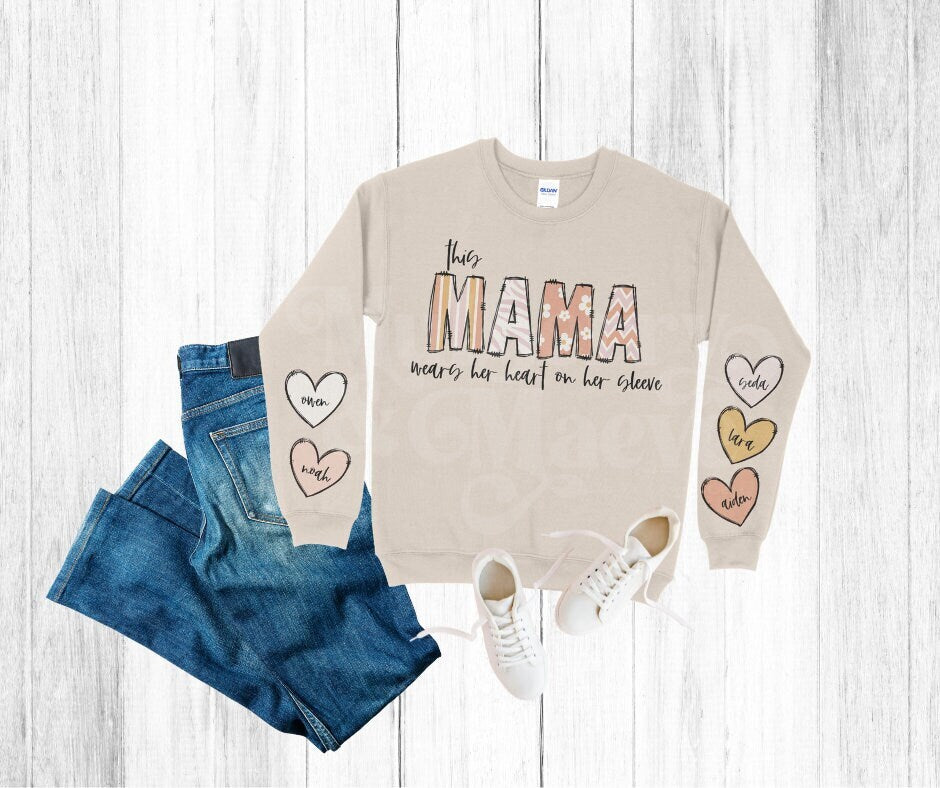 DTF Transfers | Ready To Press | This MAMA Wears Her Heart On Her Sleeve w/Personalized Hearts | Retro | Boho | Hearts
