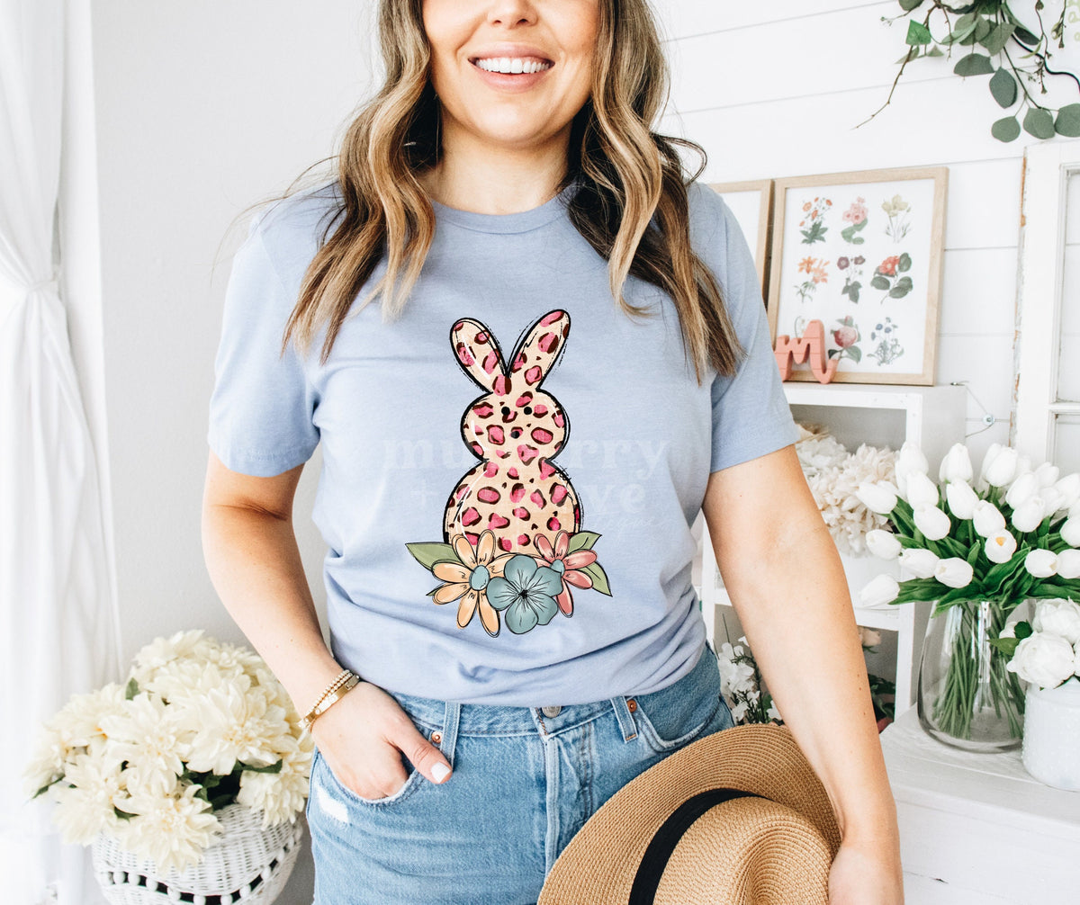 Spring Leopard Bunny w/Flowers Direct To Film Transfer for Blank Apparel.  Bunny Shirt Ideas. Animal Print Transfer. Spring Apparel Ideals