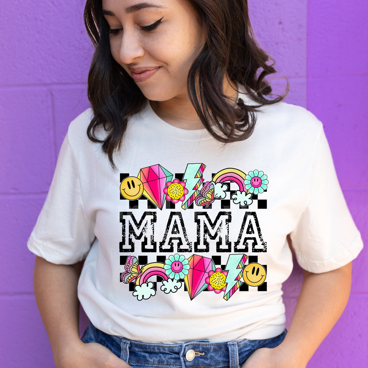 MAMA Pink Smiley, Lightning Direct to Film Transfer for Blank Apparel. Mom, Mother's Day Shirt, Sweatshirt Ideas. Gifts for Her. Retro Mama
