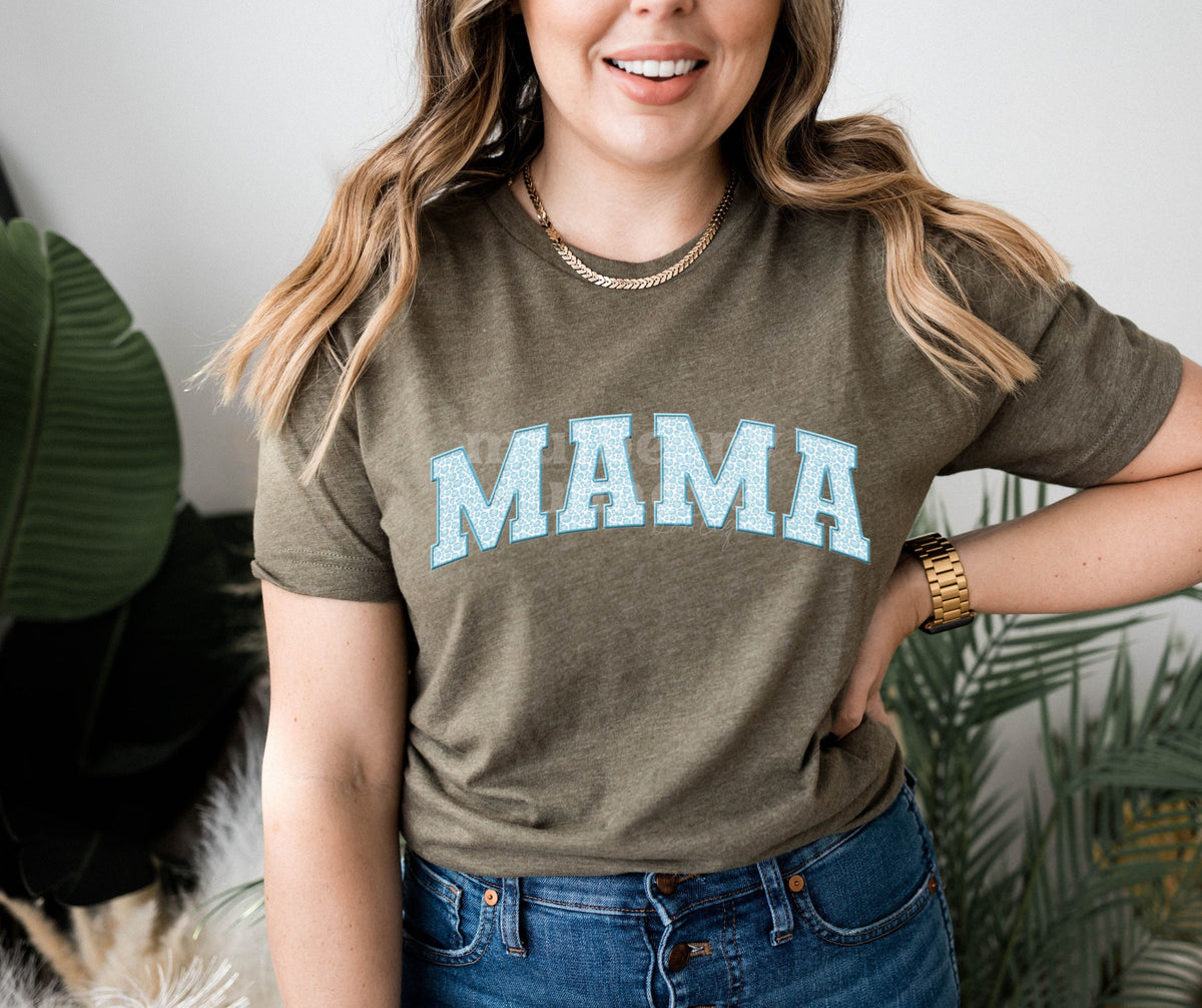 MAMA Light Blue Leopard Print Faux Patch DTF Transfer for Blank Apparel. Mom, Mother&#39;s Day Shirt, Sweatshirt Ideas. Gifts for Her.