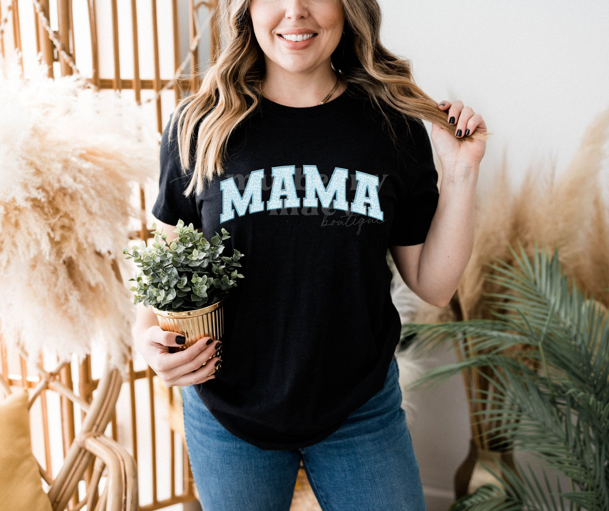 MAMA Light Blue Leopard Print Faux Patch DTF Transfer for Blank Apparel. Mom, Mother&#39;s Day Shirt, Sweatshirt Ideas. Gifts for Her.