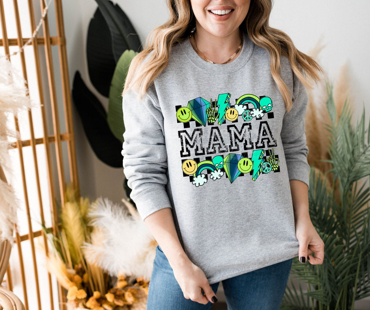 MAMA Blue Smiley, Lightning Direct to Film Transfer for Blank Apparel. Mom, Mother's Day Shirt, Sweatshirt Ideas. Gifts for Her. Retro Mama