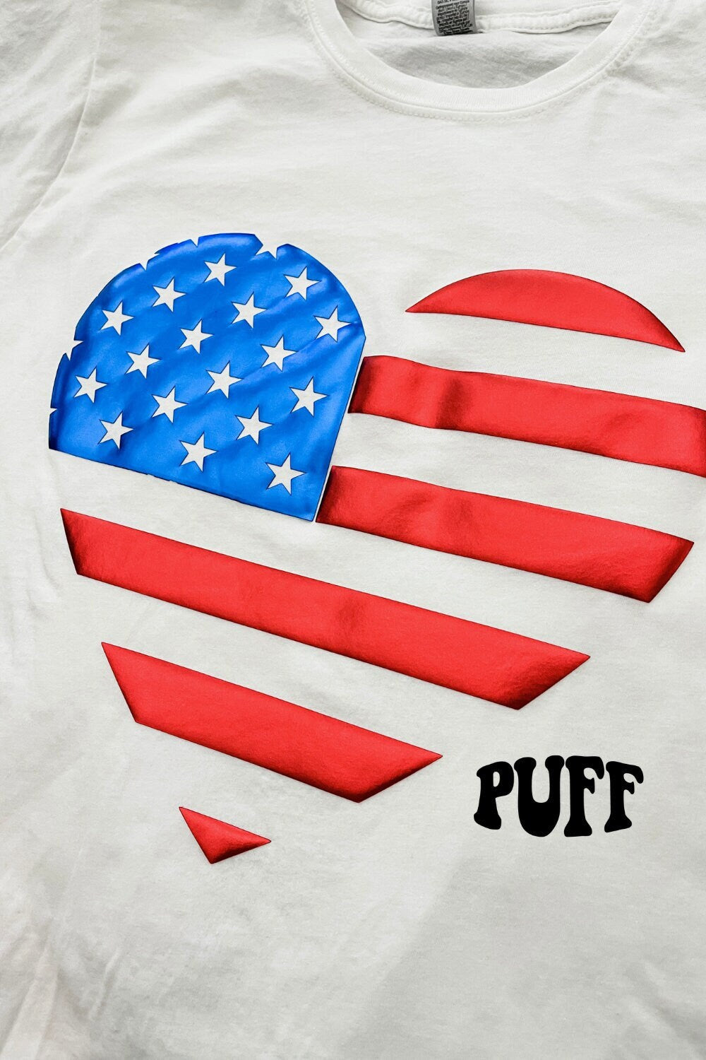 Heart Flag Puff Print Transfer for Blank Apparel. 4th of July Shirts. Patriotic Shirt Ideas.  Metallic Puff.  American Flag Ideas