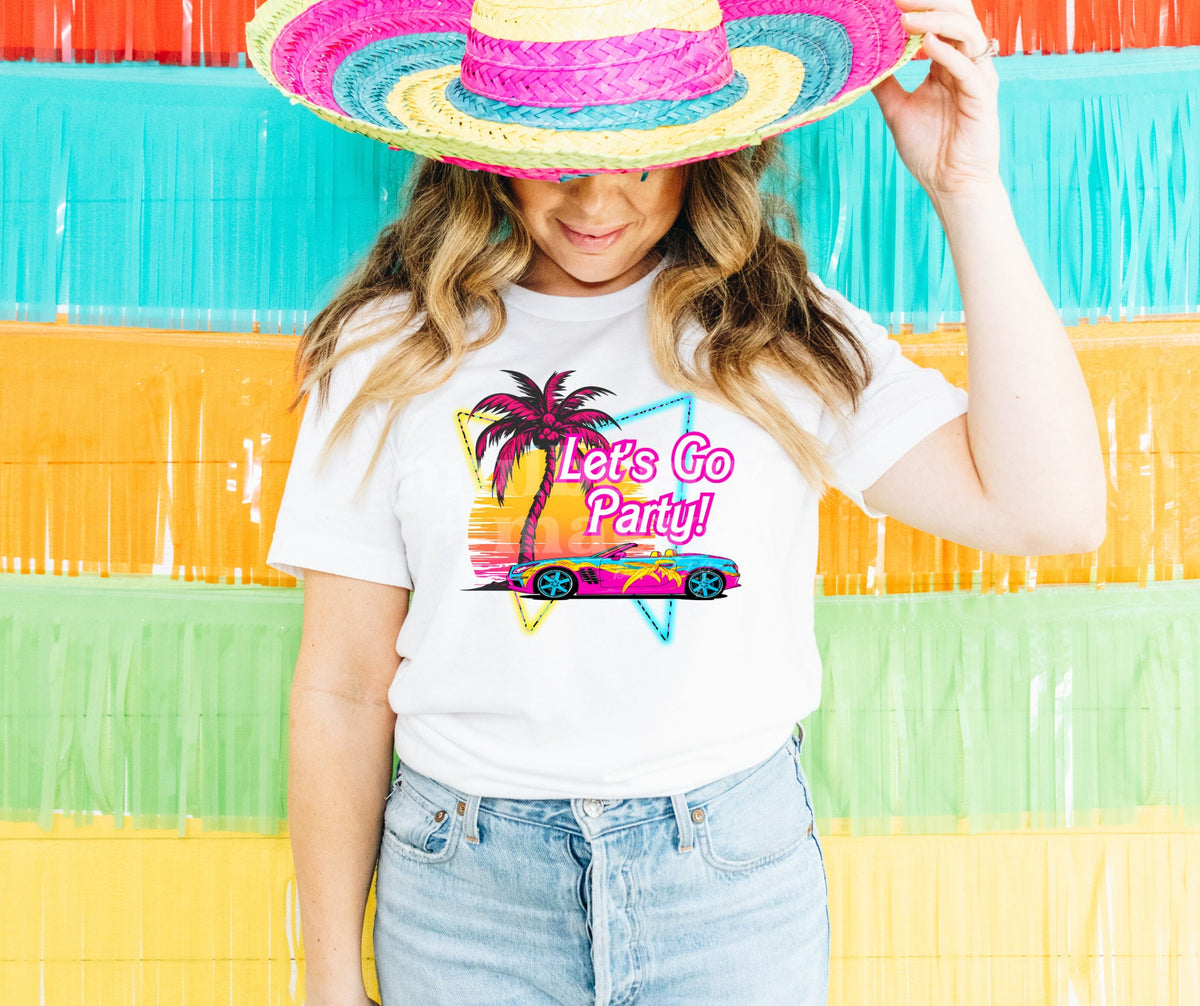 Malibu Party DTF Transfer for Blank Apparel. Neon Ideas for Shirts.  Summer Shirt Ideas.  Retro, 90s Palm Tree, Car Shirt Transfer