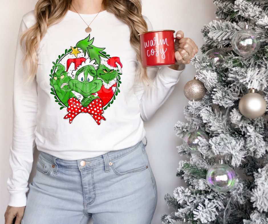 Green Mean One DTF Transfer for Blank Apparel.  Green Guy, Mean One Shirt Idea. Christmas Shirt Ideas.  Gifts for Christmas. Wreath Ideas