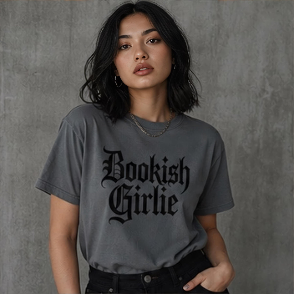 Bookish Girlie Tshirt – Soft Garmentdyed Gothic Text Literary Tee