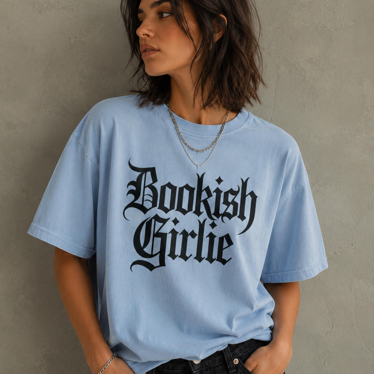 Bookish Girlie Tshirt – Soft Garmentdyed Gothic Text Literary Tee