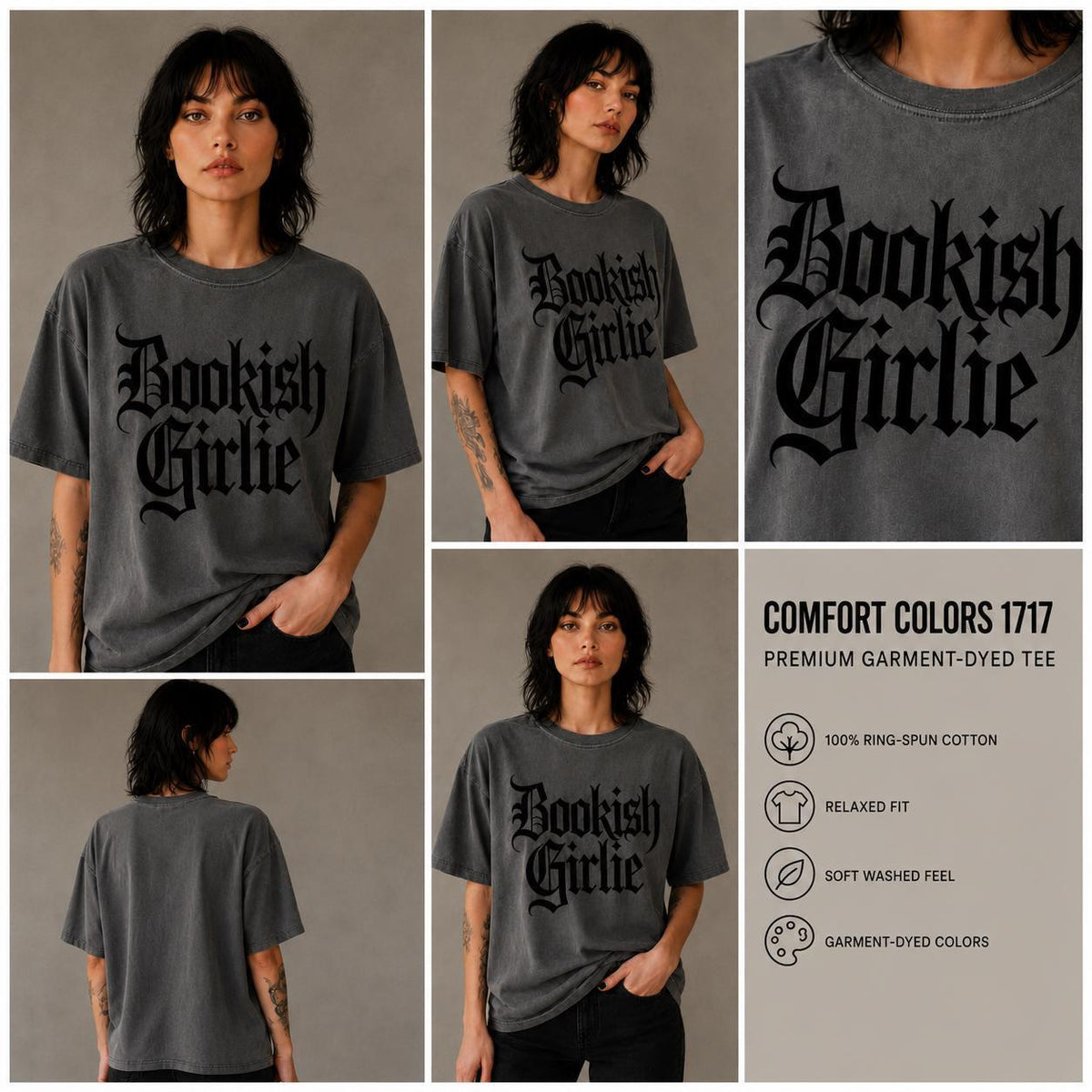 Bookish Girlie Tshirt – Soft Garmentdyed Gothic Text Literary Tee