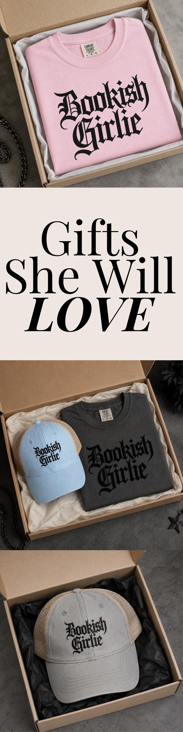 Bookish Girlie Tshirt – Soft Garmentdyed Gothic Text Literary Tee