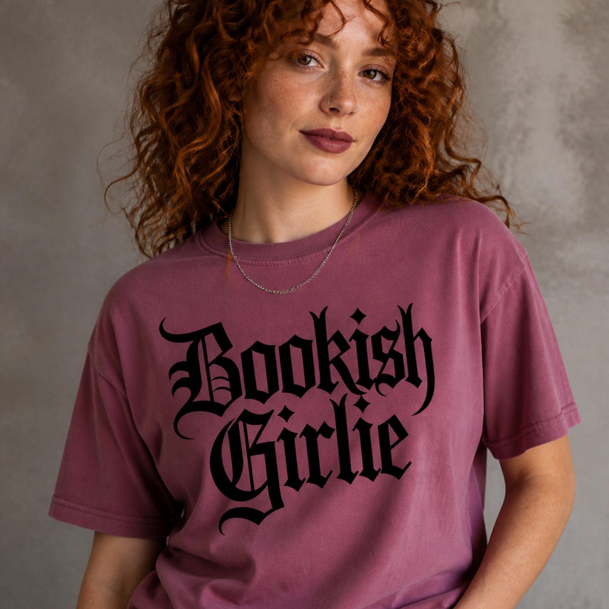 Bookish Girlie Tshirt – Soft Garmentdyed Gothic Text Literary Tee