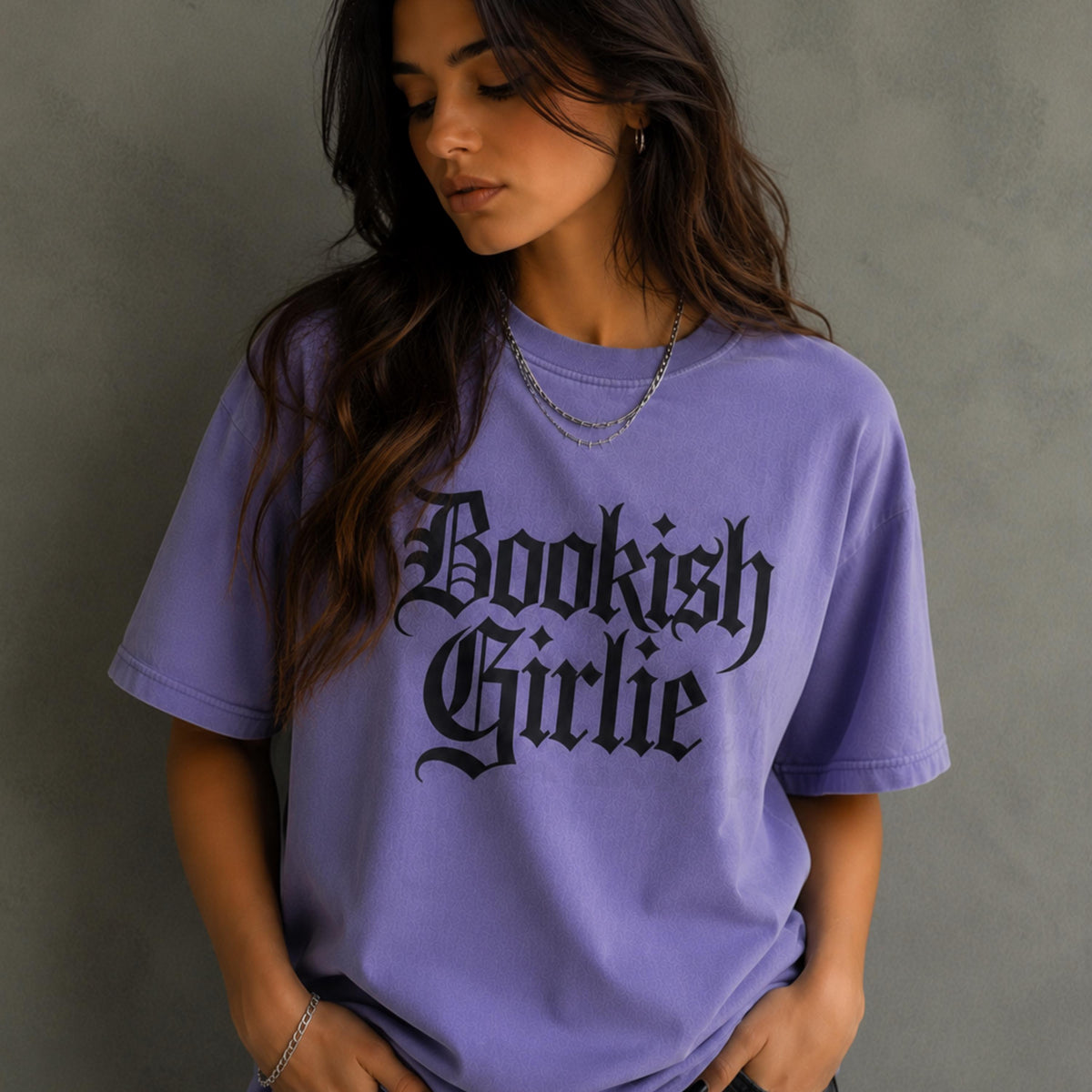 Bookish Girlie Tshirt – Soft Garmentdyed Gothic Text Literary Tee