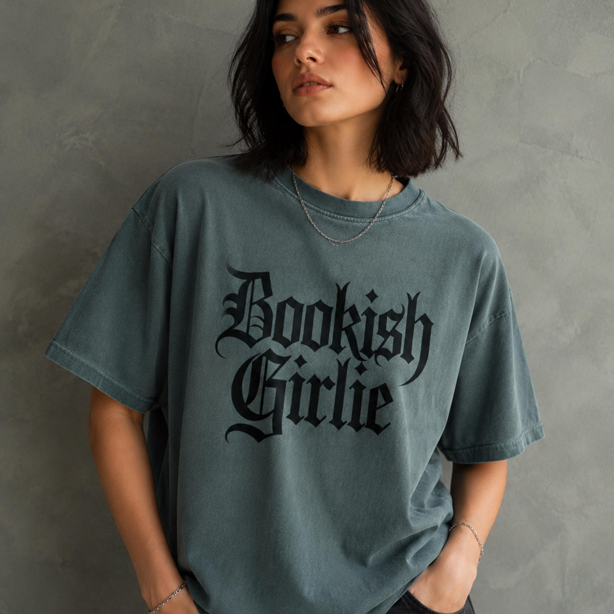 Bookish Girlie Tshirt – Soft Garmentdyed Gothic Text Literary Tee